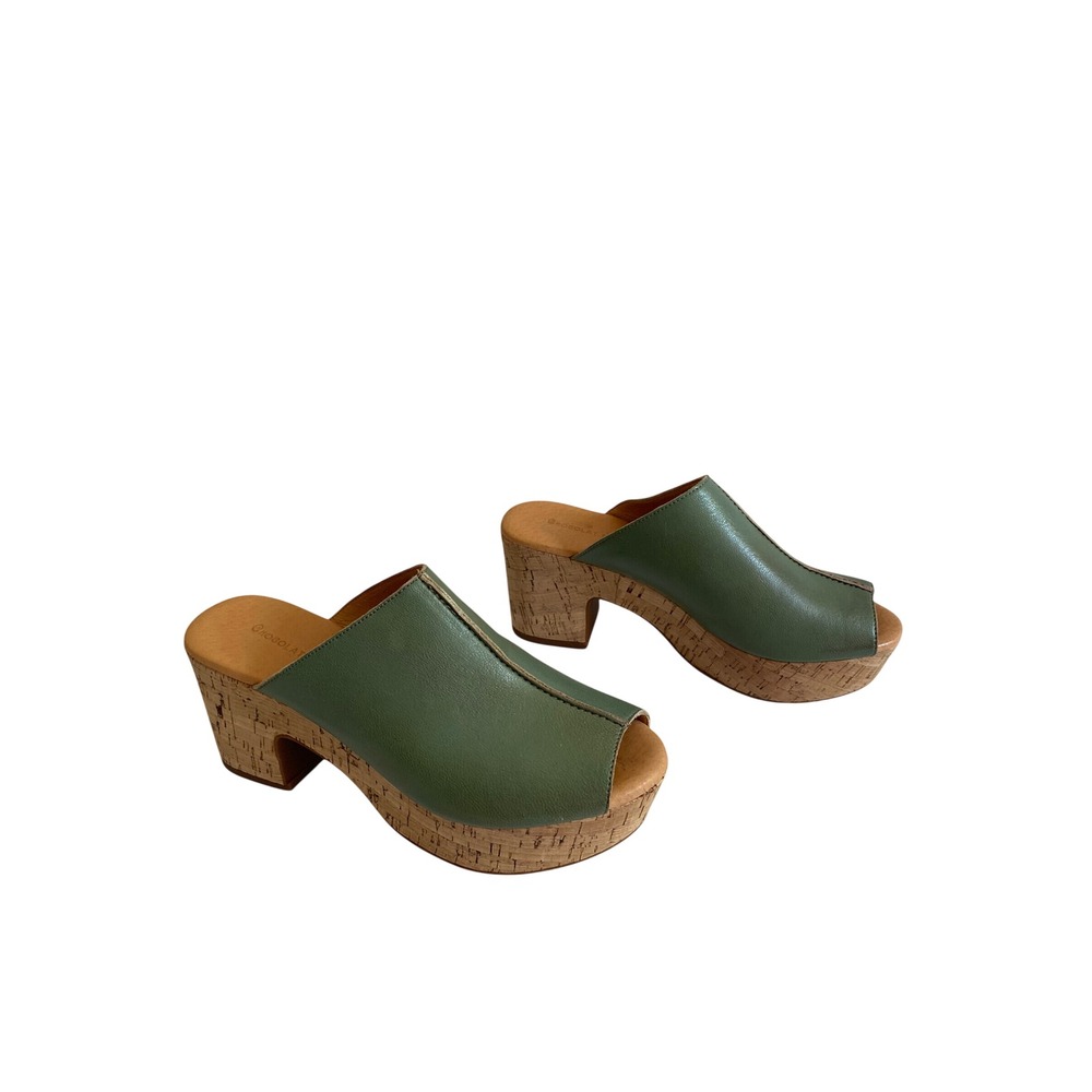 Chocolat Blu Gadis Green Leather Cork Platform Peep Toe Mules Size 7 Slip On